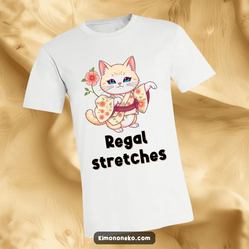 Funny t-shirt graphic of an artistic cat wearing a floral kimono, stretching regally.