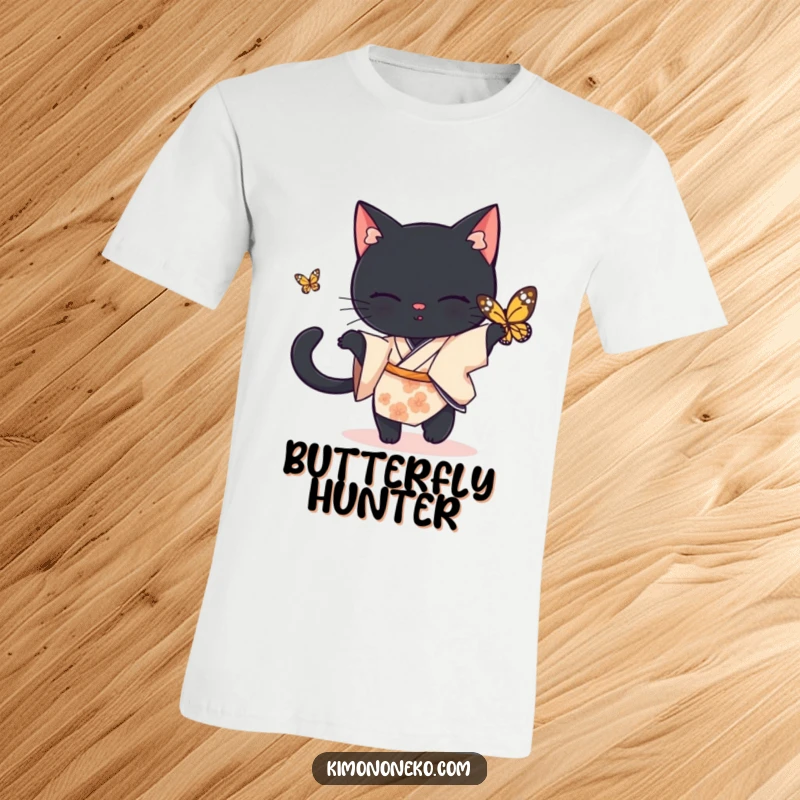 Funny black cat t-shirt, a black cat in a simple kimono playfully chasing a butterfly, a fun funny gift.