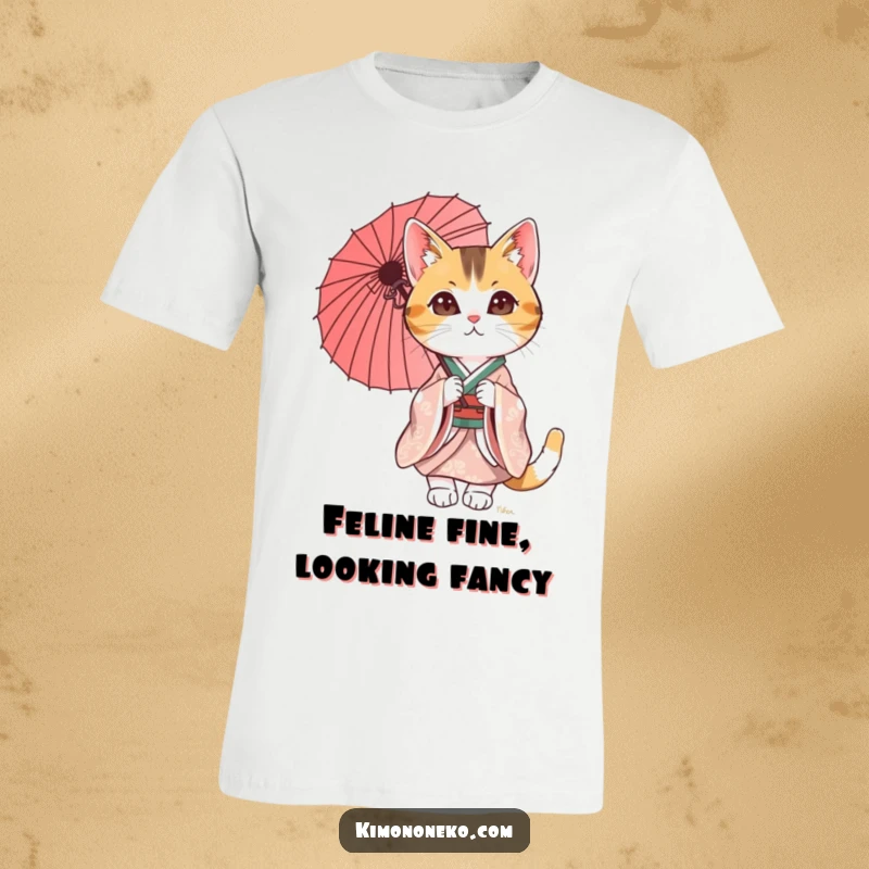 Funny Calico Cat T-Shirt featuring a stylish cat in a traditional kimono, holding a delicate parasol. A perfect blend of humor and elegance.