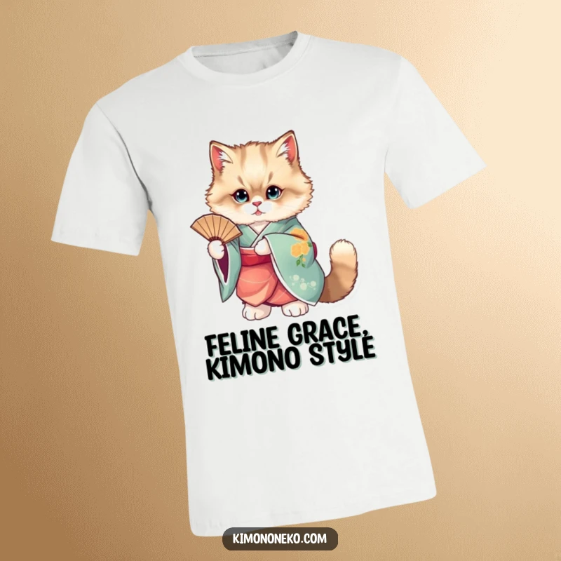 Funny cat t-shirt featuring a fluffy cat wearing a vibrant kimono and posing with a fan.