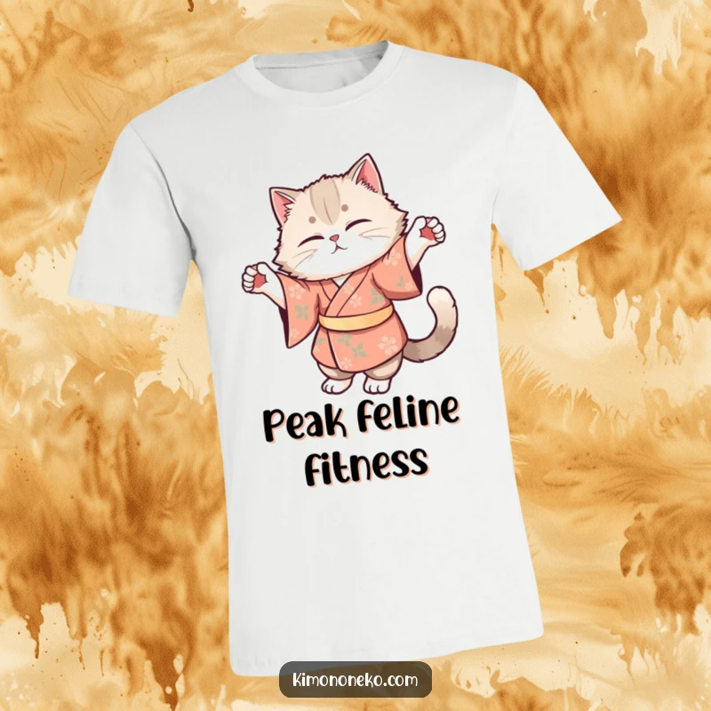 Funny t-shirt of a fluffy cat in a floral kimono captured mid-stretch, exuding grace and a touch of humorous serenity.