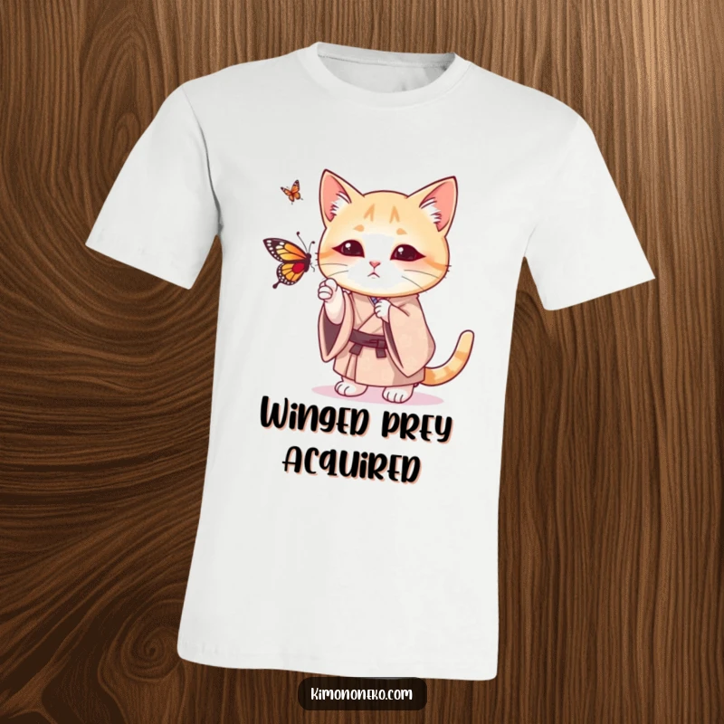 Funny t-shirt depicting a cat in a patterned kimono in mid-play, batting at a butterfly with energetic feline grace and humor.