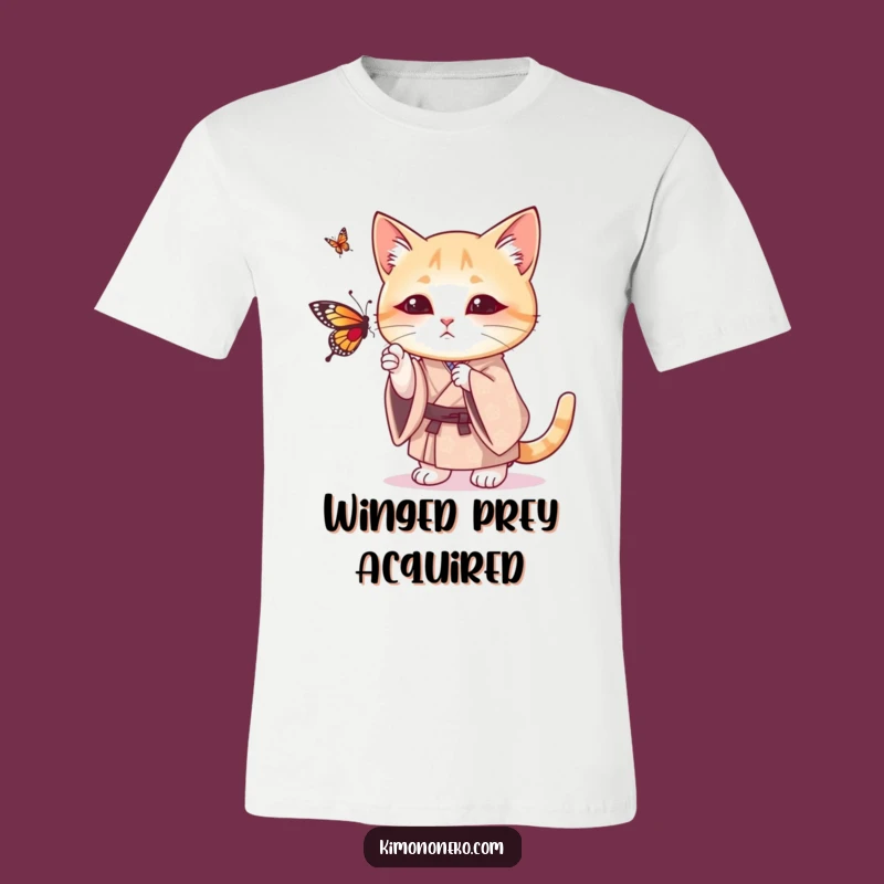 Funny Cat Kimono T-Shirt: Playful Kitty Batting Butterfly - Comedic Wear