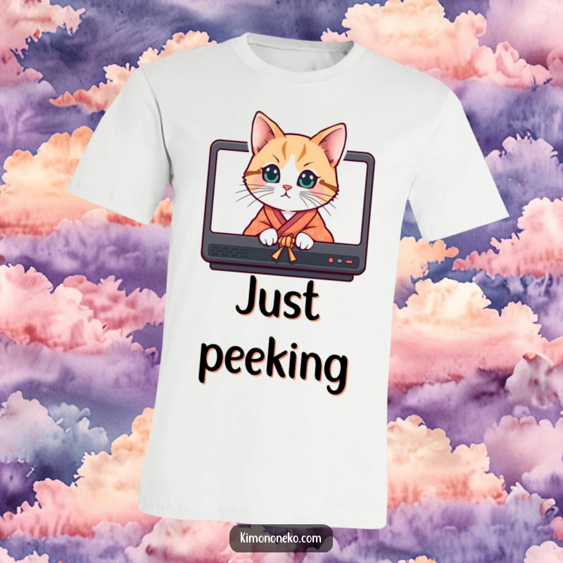 Funny curious cat wearing a bright kimono, peeking mischievously from behind screens on a comfortable t-shirt.
