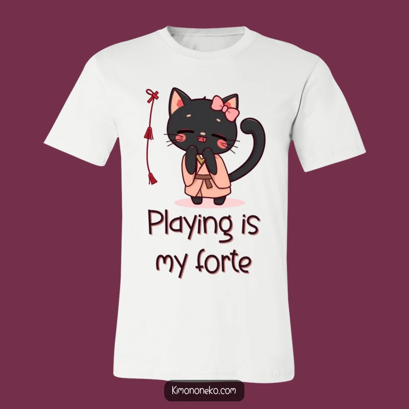 Funny Kawaii Black Cat Kimono T-Shirt: Playful Batting String Tee, Unique Cat Lover Gift