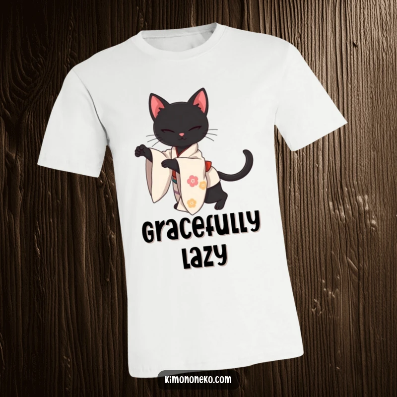 Funny t-shirt with a sleek kawaii black cat in an elegant kimono, performing a graceful stretch, conveying poise and humor.