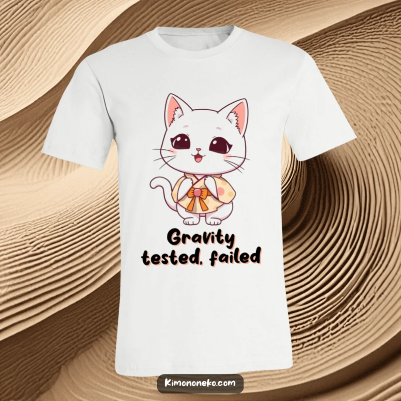 Funny Kawaii cat in a whimsical kimono, doing a clumsy somersault, a lighthearted design for casual wear.