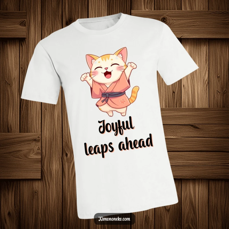 Funny Kawaii cat wearing a silk kimono, performing a joyful leap, a dynamic and funny t-shirt graphic.