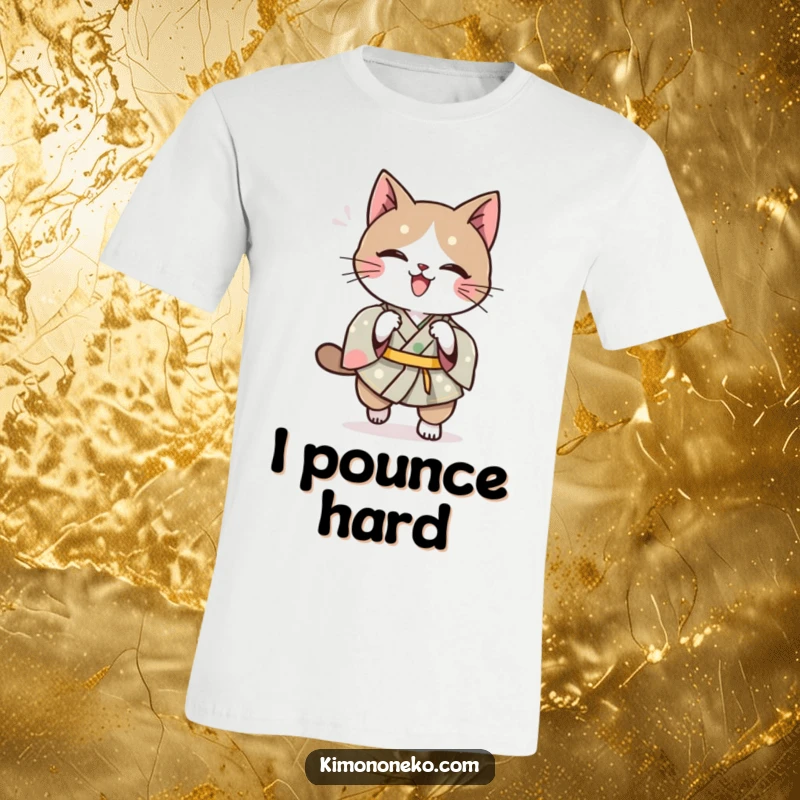 Funny Kawaii cat wearing a traditional kimono, executing a playful pounce, a dynamic t-shirt design.