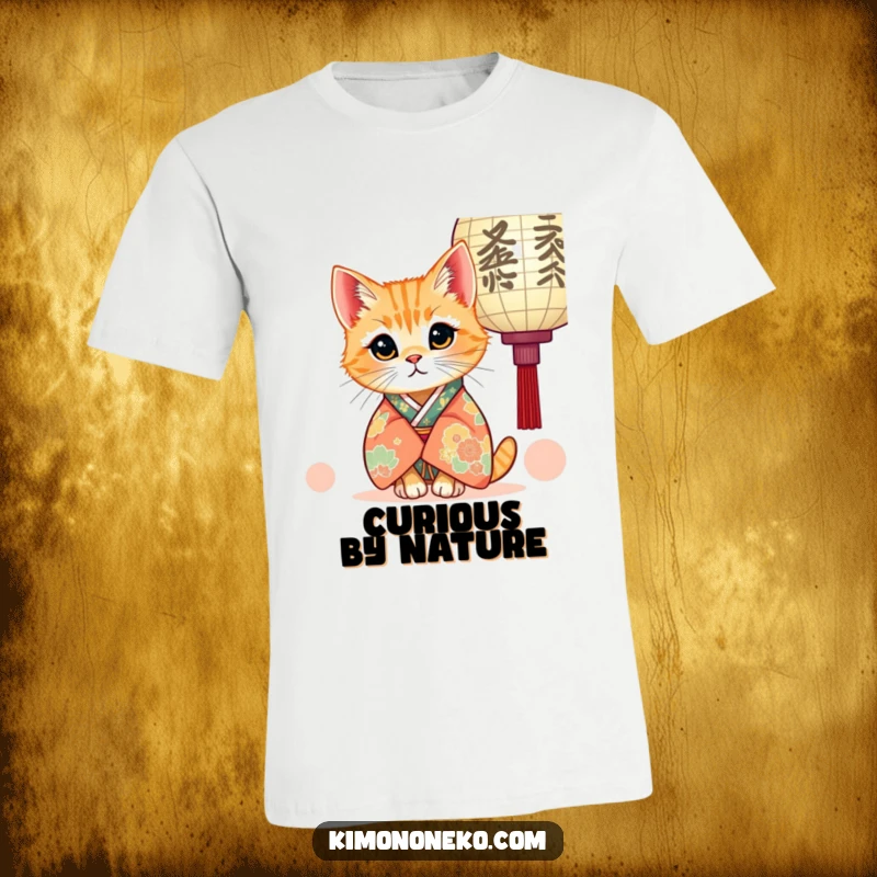 Funny t-shirt with a kawaii ginger cat in a vibrant kimono, curiously peeking from behind a paper lantern, evoking playful mischief.