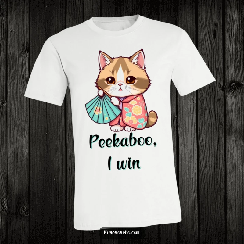 Funny Kawaii Scottish Fold cat in a colorful kimono, peeking from behind a fan, cute anime t-shirt.