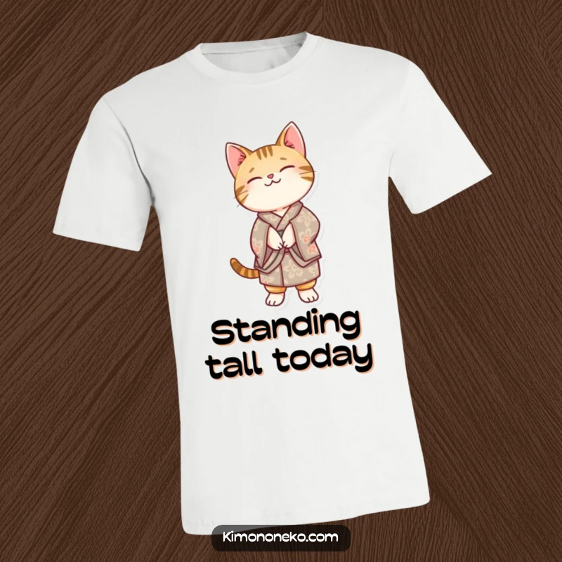 Funny Kawaii tabby cat in a patterned kimono, balancing on its hind legs, designed for cat lovers seeking humor and style.