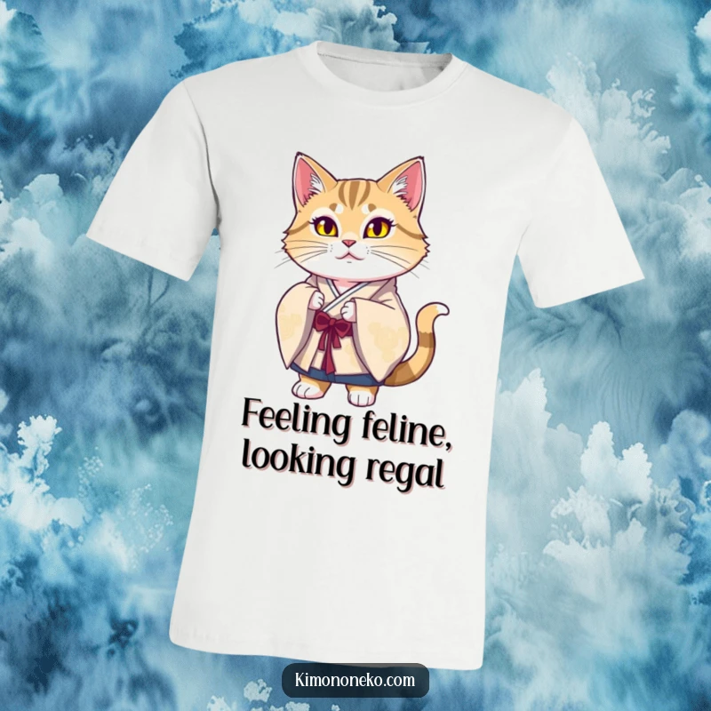 Funny Majestic Cat Kimono T-Shirt with a proud cat posing elegantly in traditional silk attire, making a humorous fashion statement.