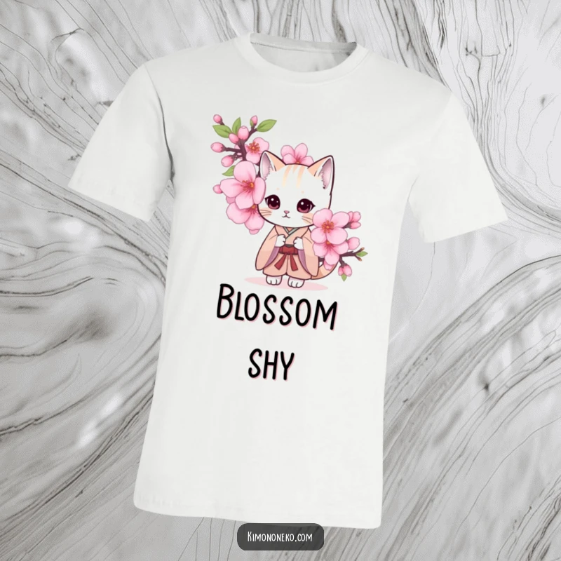 Funny t-shirt graphic of a shy cat in a kimono, peeking out from behind a large cherry blossom.