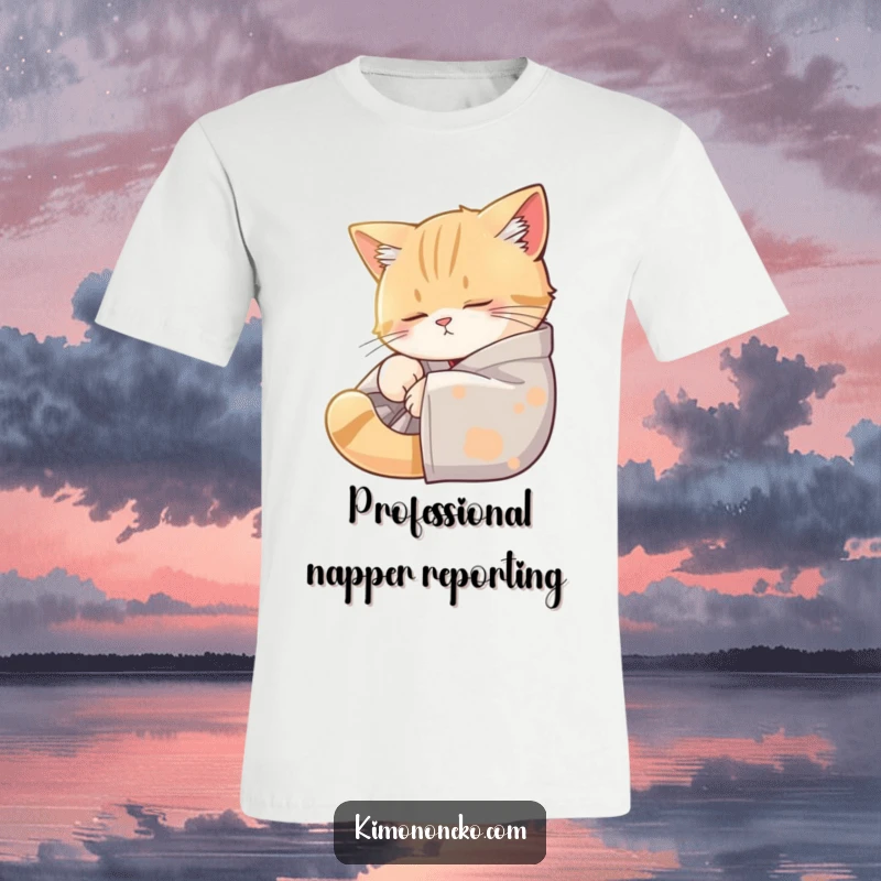 Funny cotton t-shirt showing a content cat in a kimono napping in a sunbeam, radiating ultimate relaxation and humor.