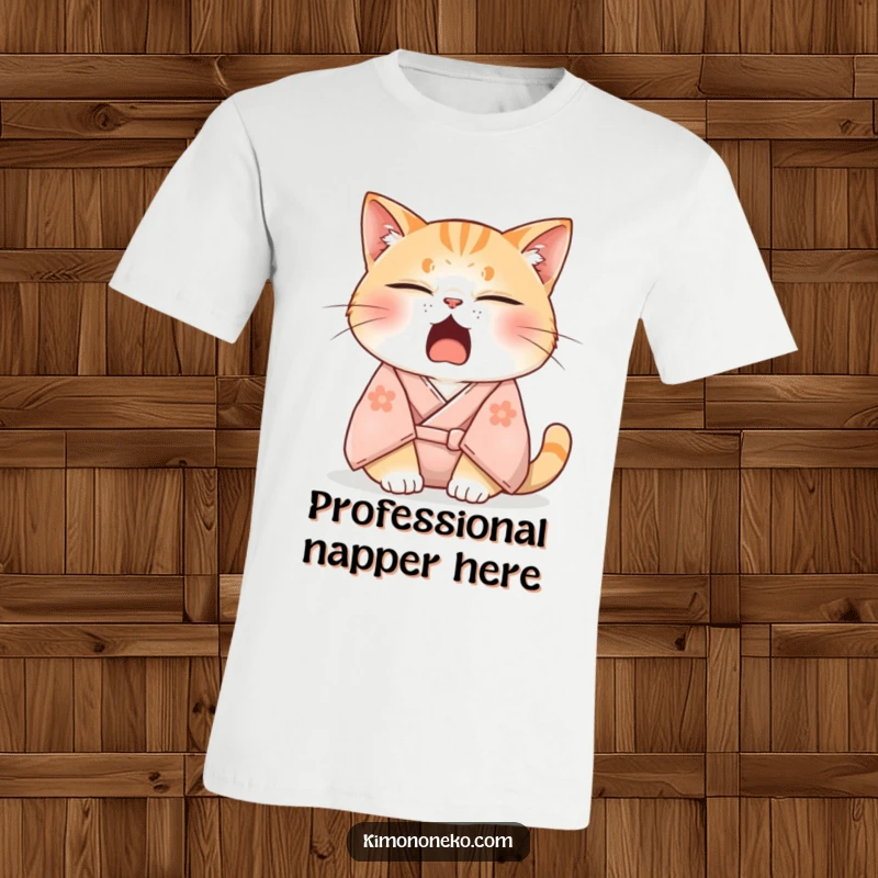 Funny t-shirt showing a sleepy cat in a soft kimono, adorably yawning with eyes half-closed, embodying ultimate relaxation and comfortable humor.