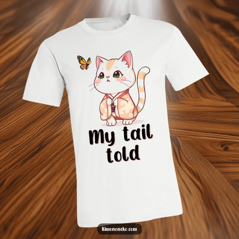 Funny t-shirt featuring a festive cat in a kimono, tail dramatically puffed up in surprise while fixated on a fluttering butterfly, creating a humorous scene.