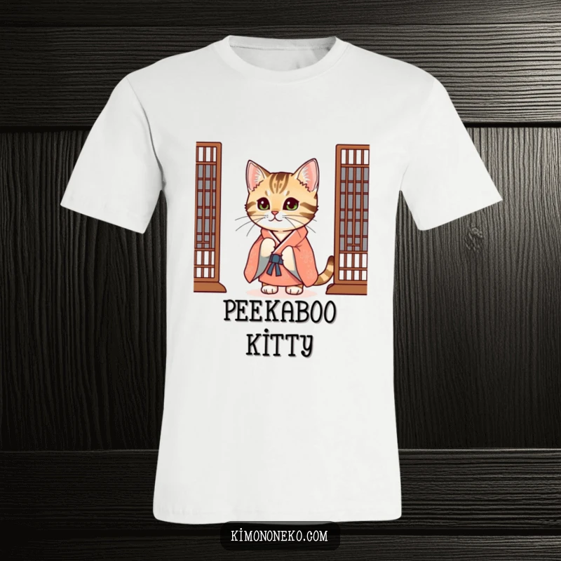 Funny Tabby Cat T-Shirt: A curious tabby cat in a festive kimono is captured peeking mischievously from behind a screen.
