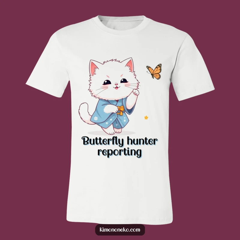 Funny White Cat Butterfly Tee: Kawaii Kitty in Blue Kimono - Playful Gift!