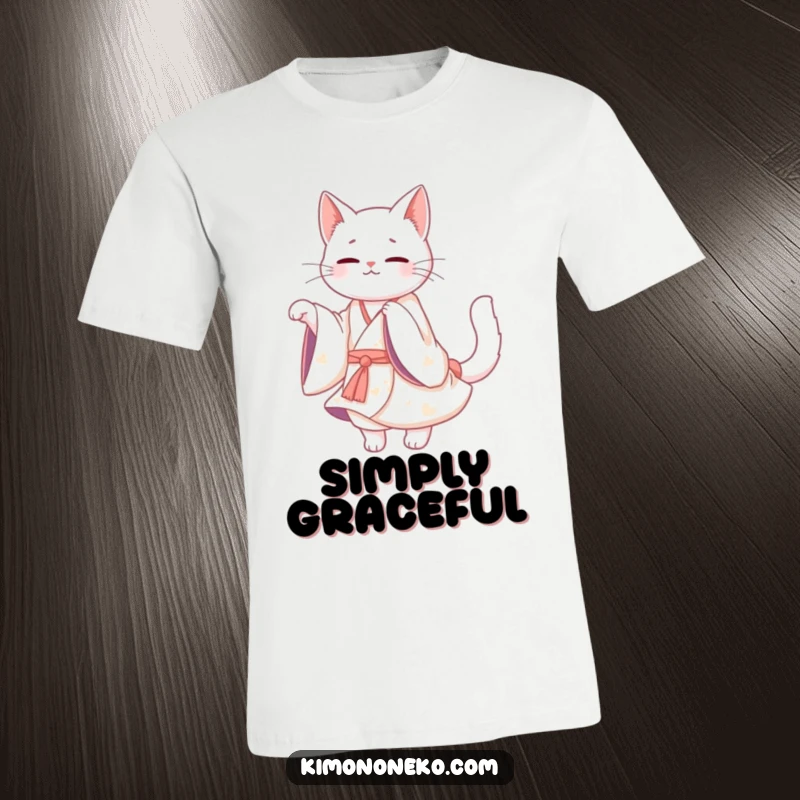 Funny White Cat Kimono T-Shirt: A Kawaii white cat wearing a flowing kimono, twirling gracefully with a humorous and elegant pose.