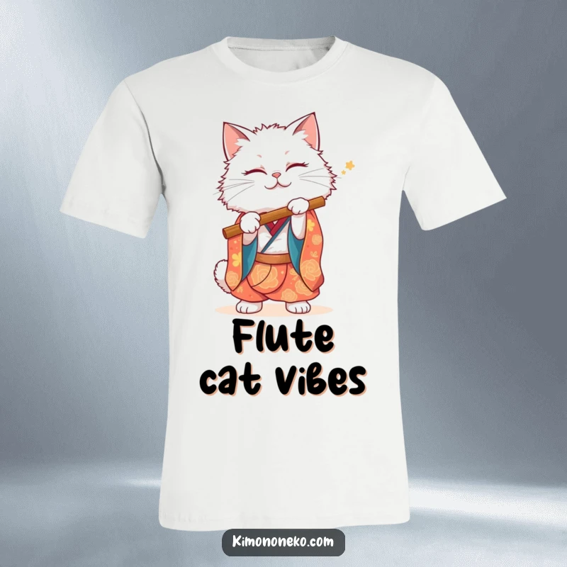 Funny White Cat T-Shirt: A fluffy white cat in a vibrant kimono playfully mimes playing a flute, creating a charming scene.