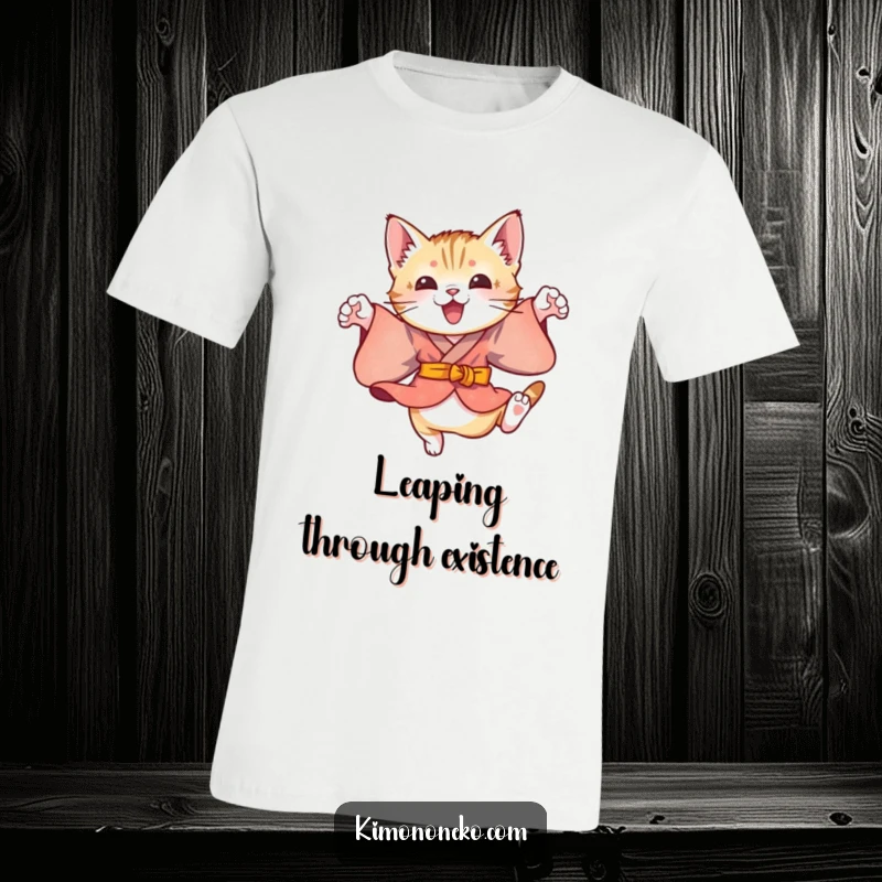 Funny cotton t-shirt featuring a playful kitten in a colorful kimono, performing energetic leaps with adorable agility and feline charm.