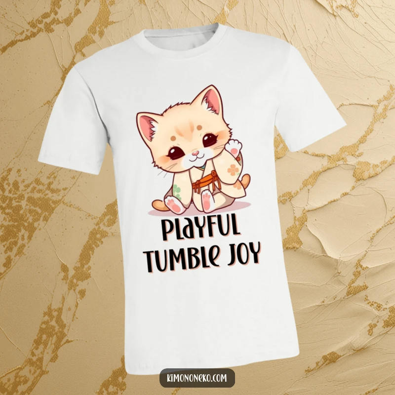 Funny Kitten T-Shirt: A cute kitten in a floral kimono hilariously tumbles, radiating playful energy and cuteness.