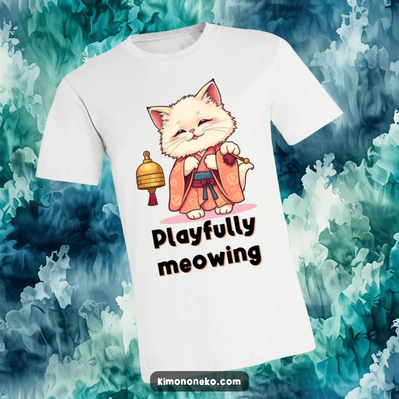 Funny t-shirt with a fluffy kawaii cat in a stunning kimono, playfully batting at a bell, evoking joy and cuteness.