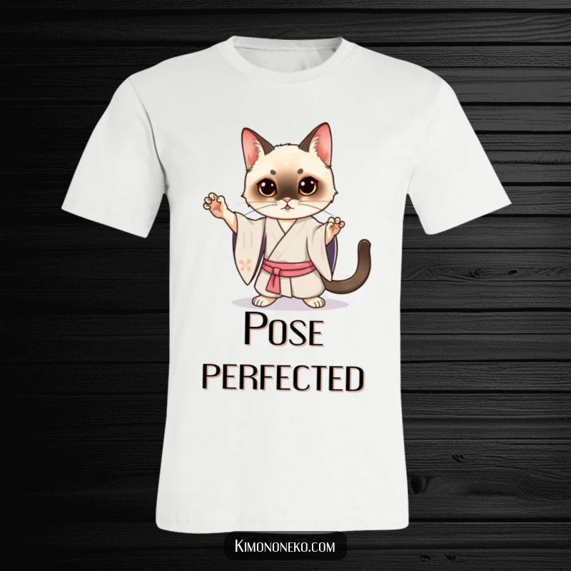 Funny Siamese Cat Kimono T-Shirt: Kawaii Siamese cat in a silk kimono, posing dramatically with a humorous and elegant flair.