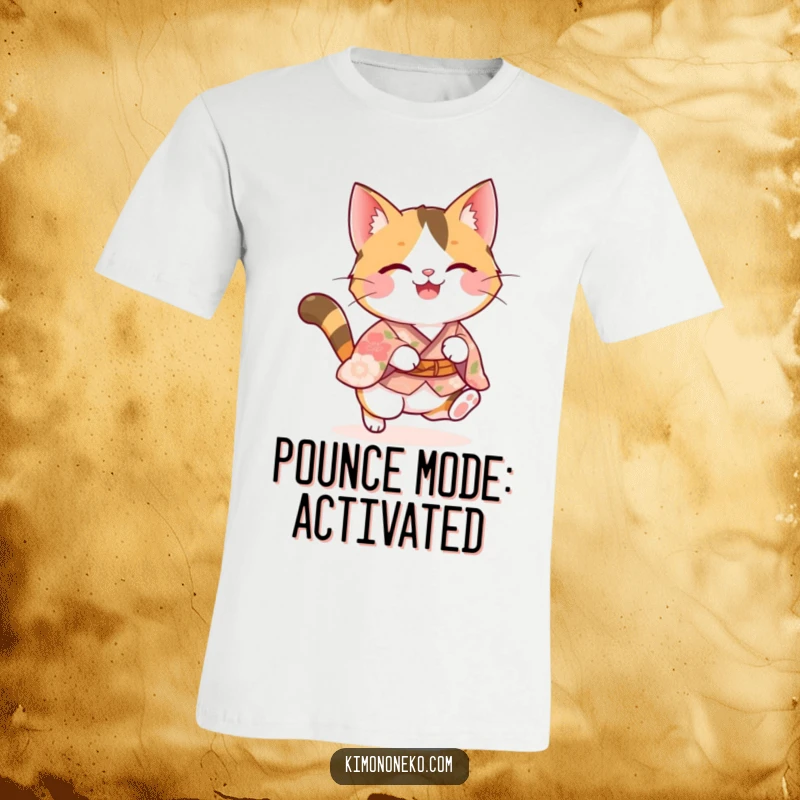 Funny calico kawaii cat in a floral kimono executing a joyful pounce, capturing a moment of pure feline exuberance on a t-shirt.