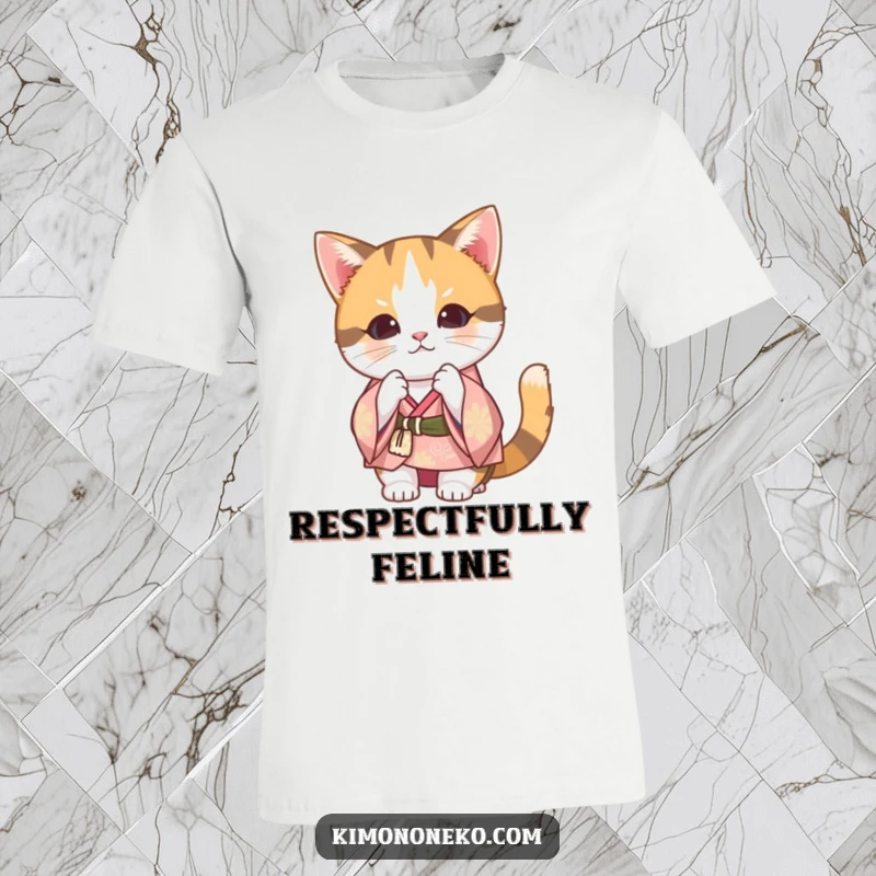 Funny Calico Cat Kimono T-Shirt: Cute Kawaii cat wearing a festive kimono, bowing with a humorous and charming expression.
