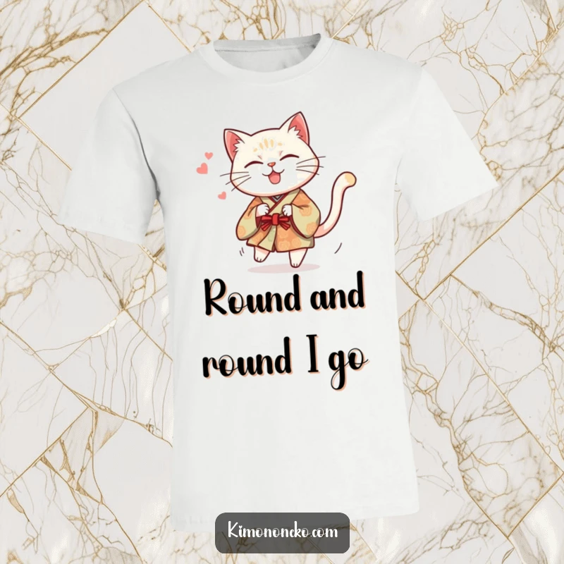 Funny t-shirt depicting a mischievous cat in a traditional kimono humorously spinning in circles while chasing its tail.