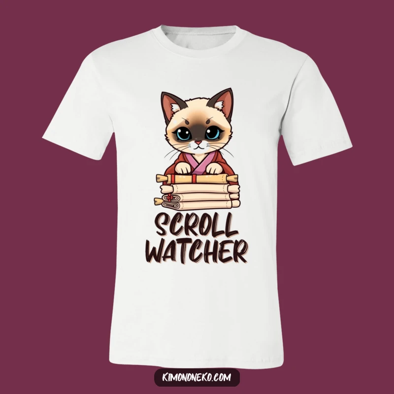 Show off your inquisitive nature with this funny t-shirt, featuring a Siamese cat in a stylish kimono peeking over scrolls. Mysterious and fashionable.