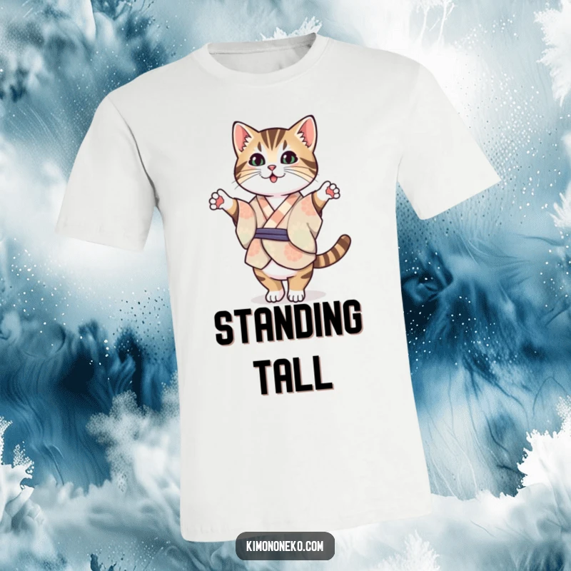 Funny Tabby Cat Kimono T-Shirt: A Kawaii tabby cat wearing a patterned kimono, balancing expertly on its hind legs with humor.