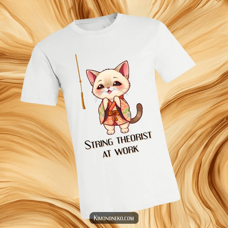 Funny Siamese cat in floral kimono, playfully batting at a dangling string, kawaii style, comfortable tee.