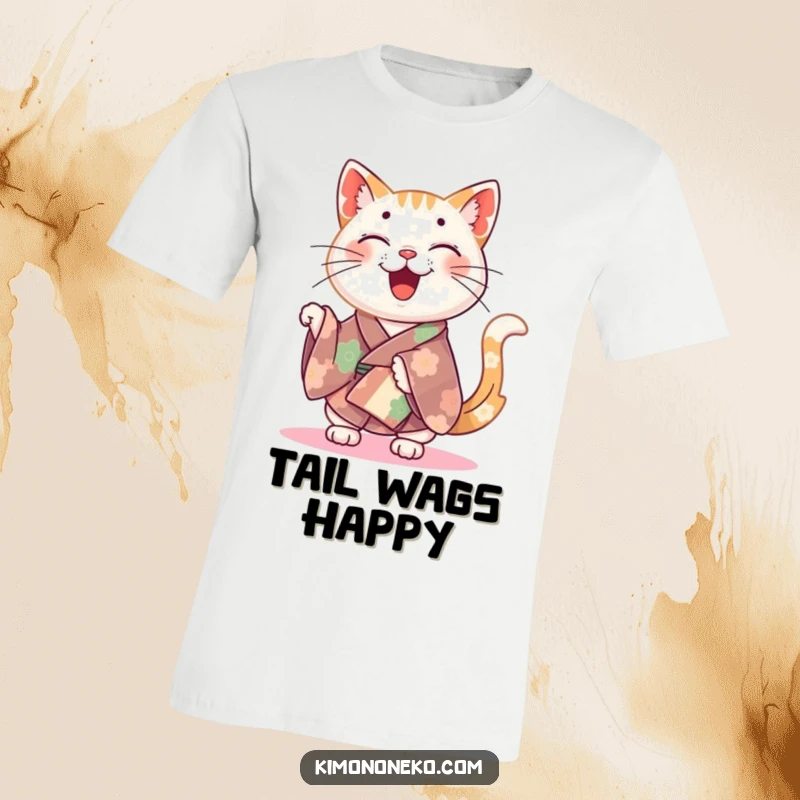Funny happy cat wearing a colorful kimono, enthusiastically wiggling its tail on a comfortable t-shirt.