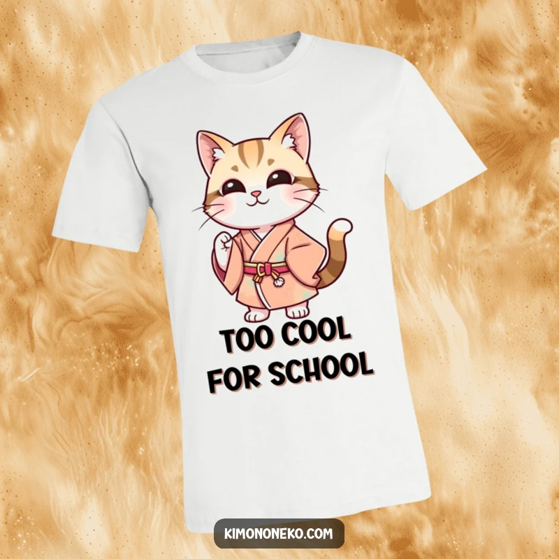 Funny t-shirt displaying a stylish cat in a modern kimono, confidently posing with a knowing smile, embodying modern feline fashion and charisma.