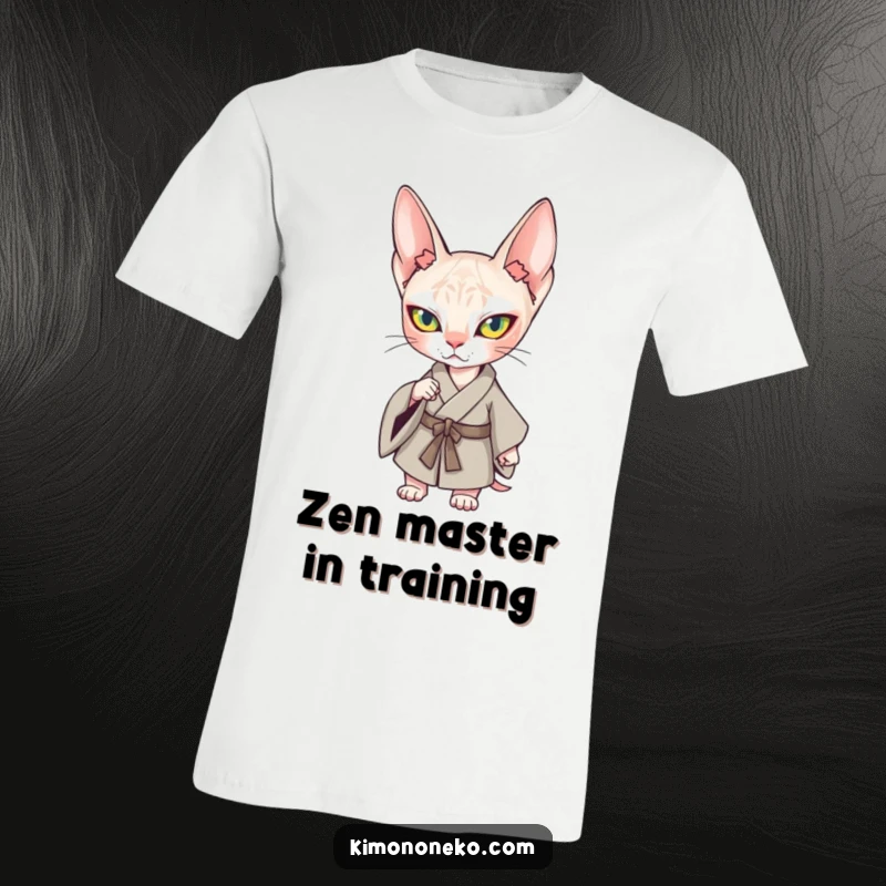 Funny Kawaii Sphynx Cat Kimono T-Shirt: A determined & confident Sphynx cat in a stylish kimono, standing tall.