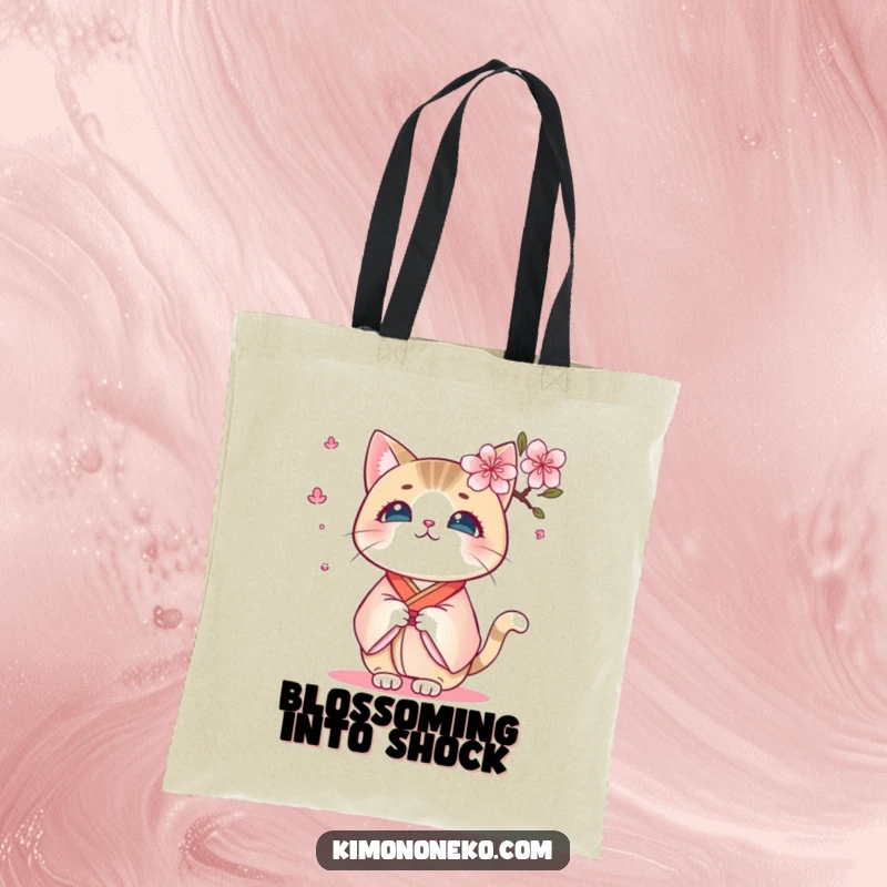 Funny Kimono Cat Tote Bag: A kawaii cat in a kimono looks surprised by a fluttering cherry blossom, a stylish funny gift.
