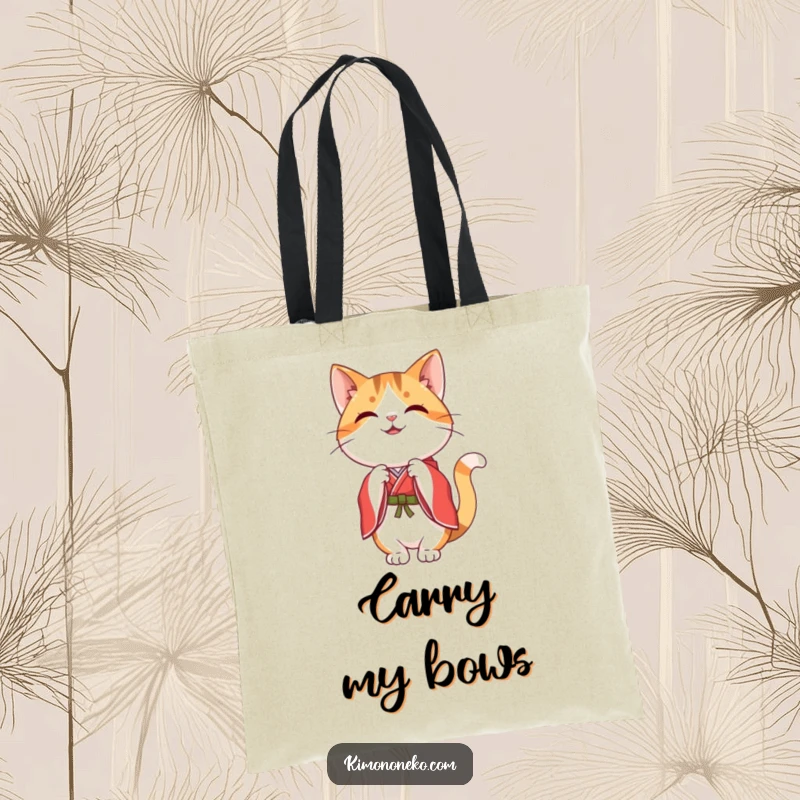 Funny happy kawaii calico cat in a red and white kimono, performing a graceful bow, on a durable tote bag.