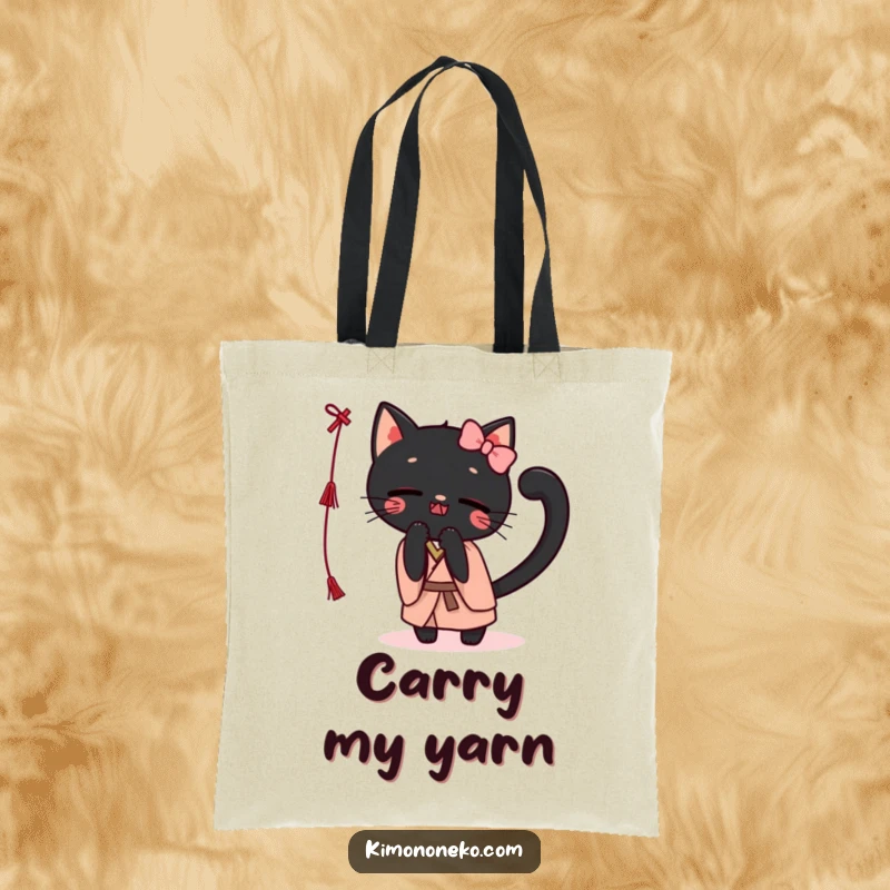 Funny Kawaii black cat in a kimono, playfully batting at a string, on a reusable tote bag, showcasing feline charm.