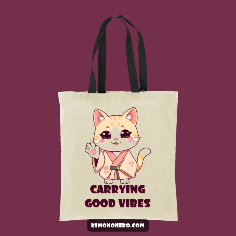 Funny Smiling Cat Kimono Tote Bag: Friendly Wave Carry-All, Durable Humorous Bag
