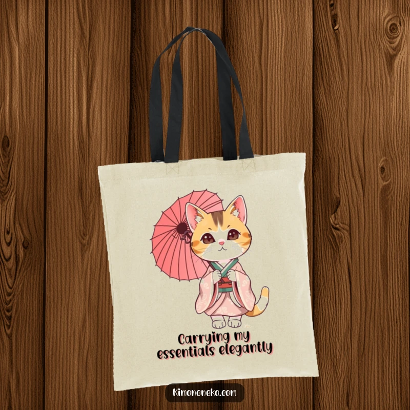 Funny Calico Cat Tote Bag with a chic kimono-clad cat and parasol, offering both style and humor for shoppers.