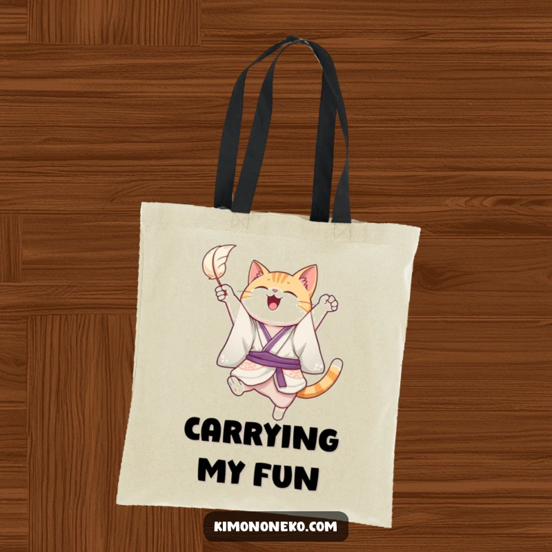 Funny tote bag depicting a joyful cat in a kimono, leaping playfully to catch a floating feather, perfect for carrying fun items and smiles.