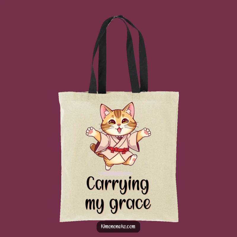 Carry your essentials in style with this funny tote bag, showcasing a leaping tabby cat in a sophisticated kimono. Practical and amusing for everyday use.