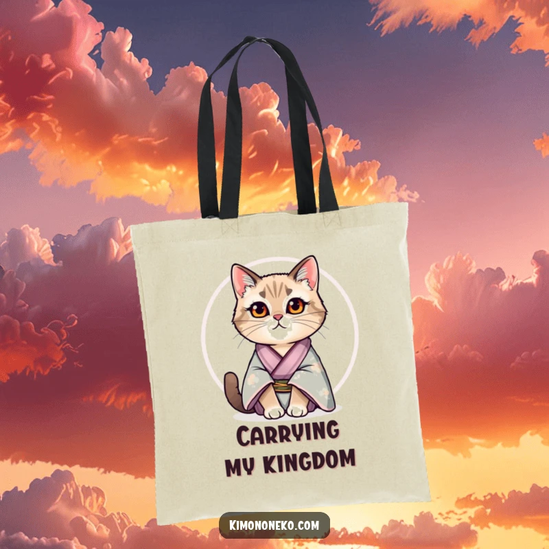 Funny tote bag with a regal cat in a silk kimono sitting proudly, perfect for carrying items with chic humor.