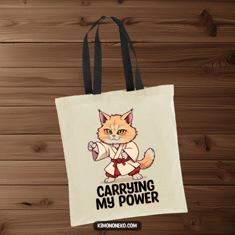 Funny Kawaii Maine Coon cat in sturdy kimono attempting a martial arts move, strong anime tote bag, gift.