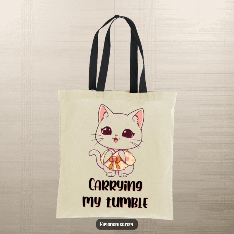 Funny Kawaii cat in a whimsical kimono, doing a clumsy somersault, a durable and amusing accessory.