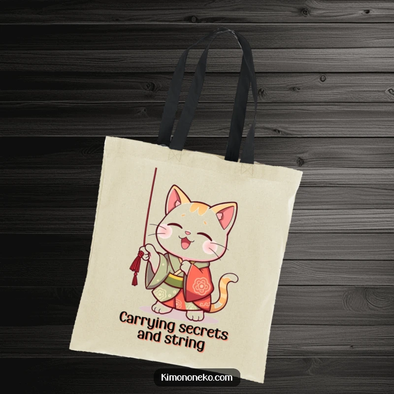 Funny Kawaii cat in a vibrant kimono, playfully batting at a dangling string, practical and humorous accessory.