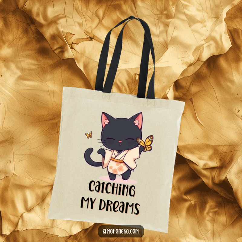 Funny black cat tote bag, a black cat in a simple kimono playfully chasing a butterfly, ideal funny gift.